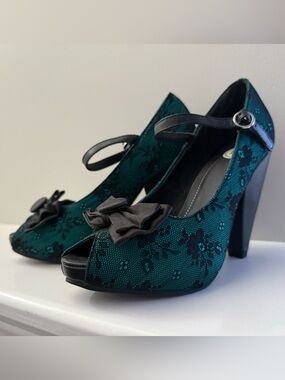 T.U.K Teal Lace Peep-Toe Heels with Black Bow